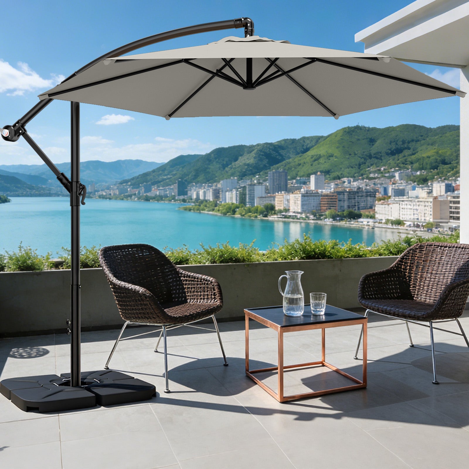 Easthome 10ft Offset Hanging Market Patio Umbrella for Backyard, Poolside, Lawn and Garden w/Easy Tilt Adjustment, Polyester Shade, 6 Ribs