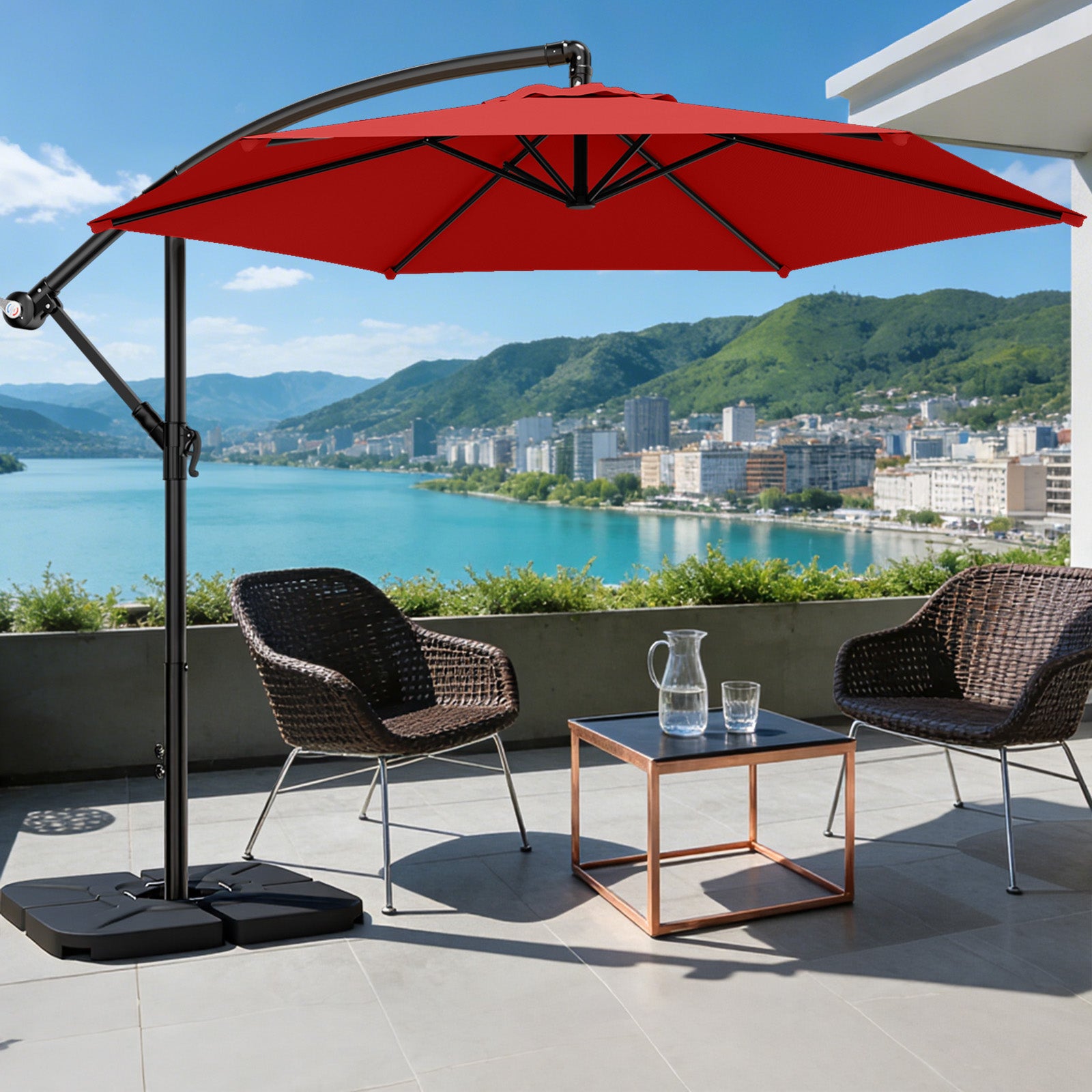 Easthome 10ft Offset Hanging Market Patio Umbrella for Backyard, Poolside, Lawn and Garden w/Easy Tilt Adjustment, Polyester Shade, 6 Ribs