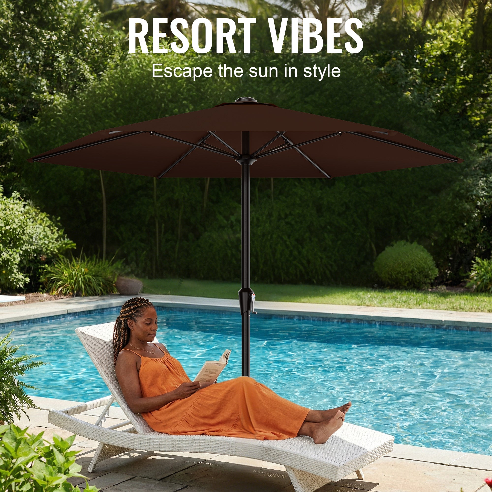 Easthome 9ft Patio Umbrella with Crank Lift System & 6 Sturdy Ribs Waterproof, Patio Table Umbrella Perfect for Poolside, Terrace, Beach and Outdoor Restaurant