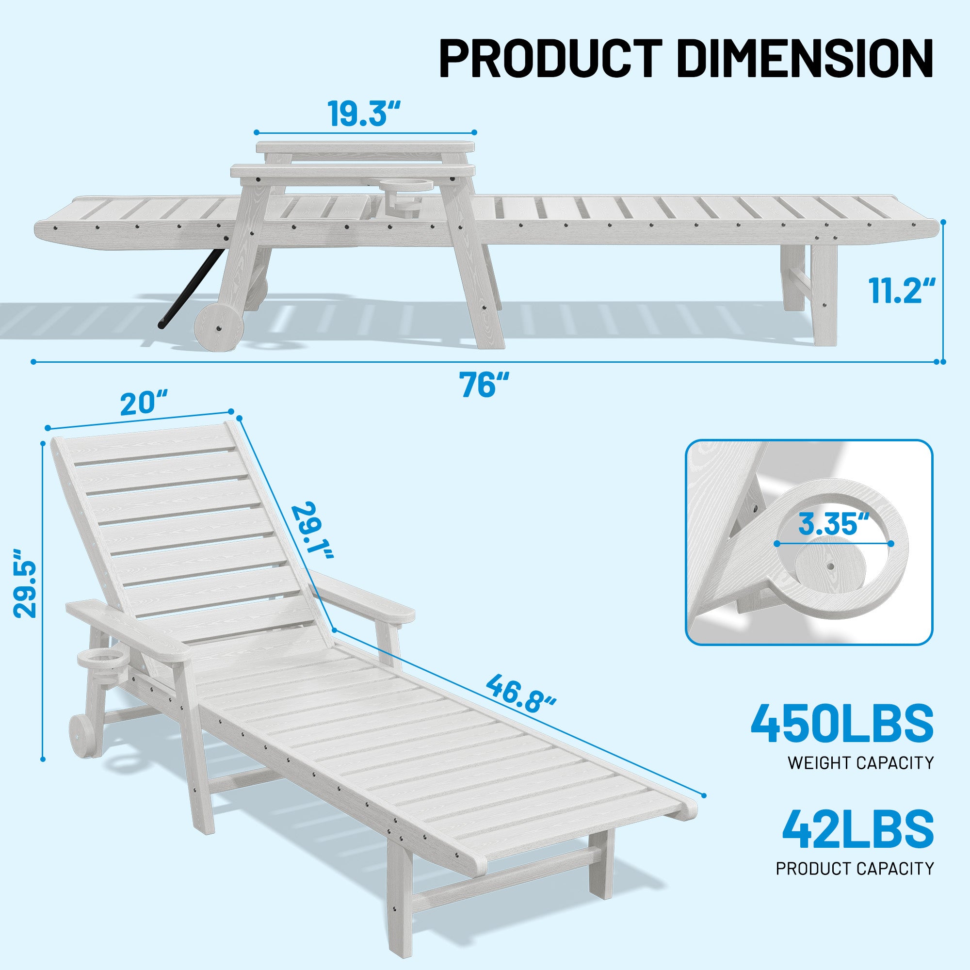 Easthome Adjustable Patio Chaise Lounge, Waterproof & Lightweight Outdoor Recliner for Poolside, Deck, Garden and Backyard