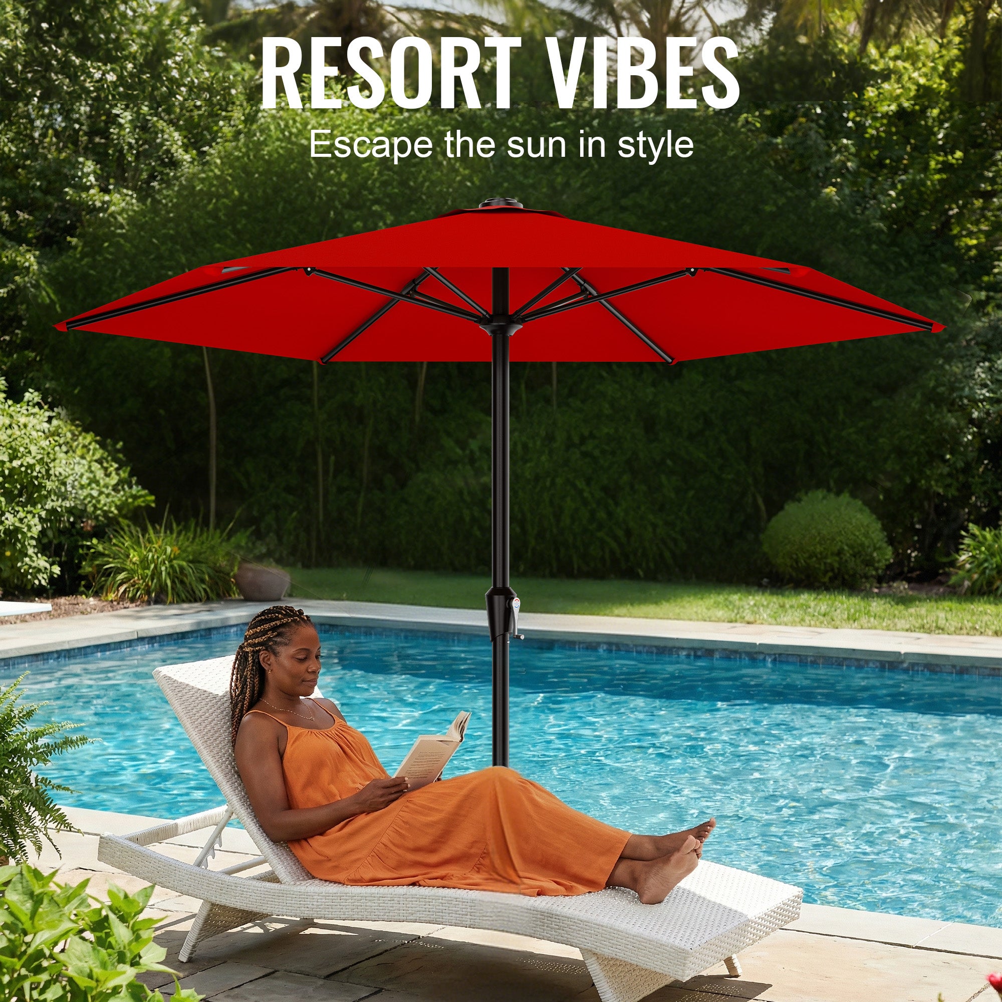 Easthome 9ft Patio Umbrella with Crank Lift System & 6 Sturdy Ribs Waterproof, Patio Table Umbrella Perfect for Poolside, Terrace, Beach and Outdoor Restaurant
