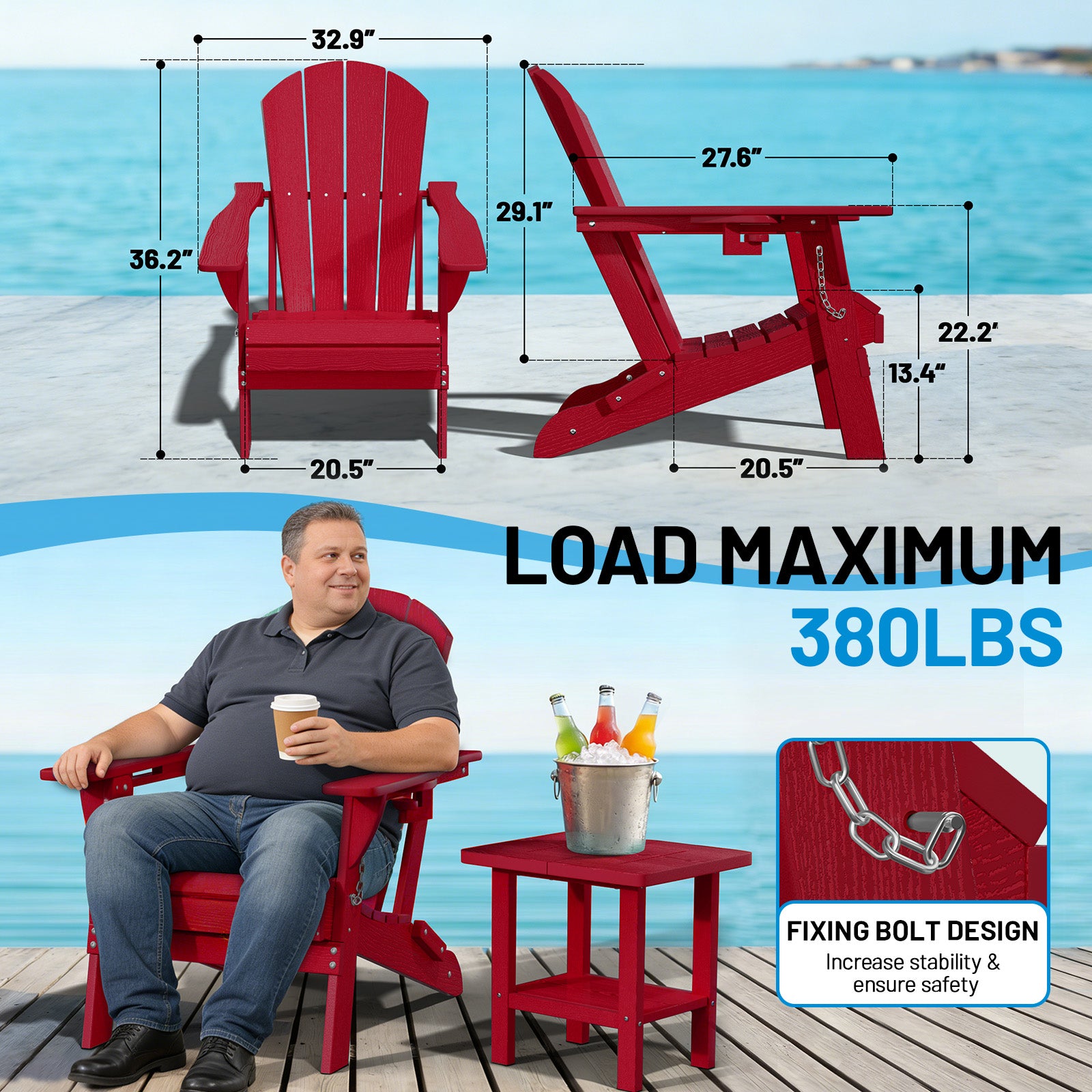 Easthome Adirondack Chair, HDPE All-Weather Outdoor Patio Lounge Chair with Cup Holder & 380lb Capacity for Deck, Garden, Poolside, Backyard