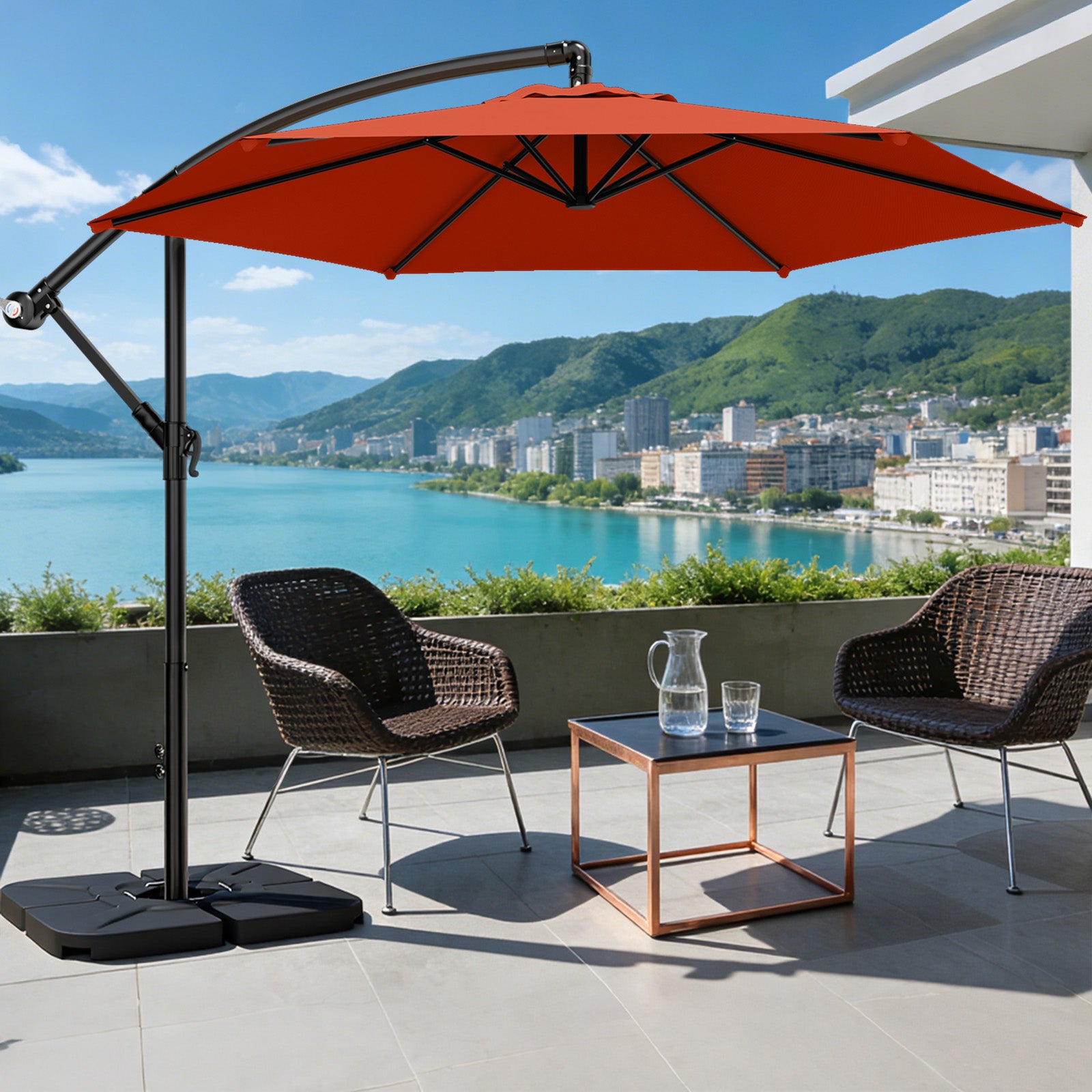 Easthome 10ft Offset Hanging Market Patio Umbrella for Backyard, Poolside, Lawn and Garden w/Easy Tilt Adjustment, Polyester Shade, 6 Ribs
