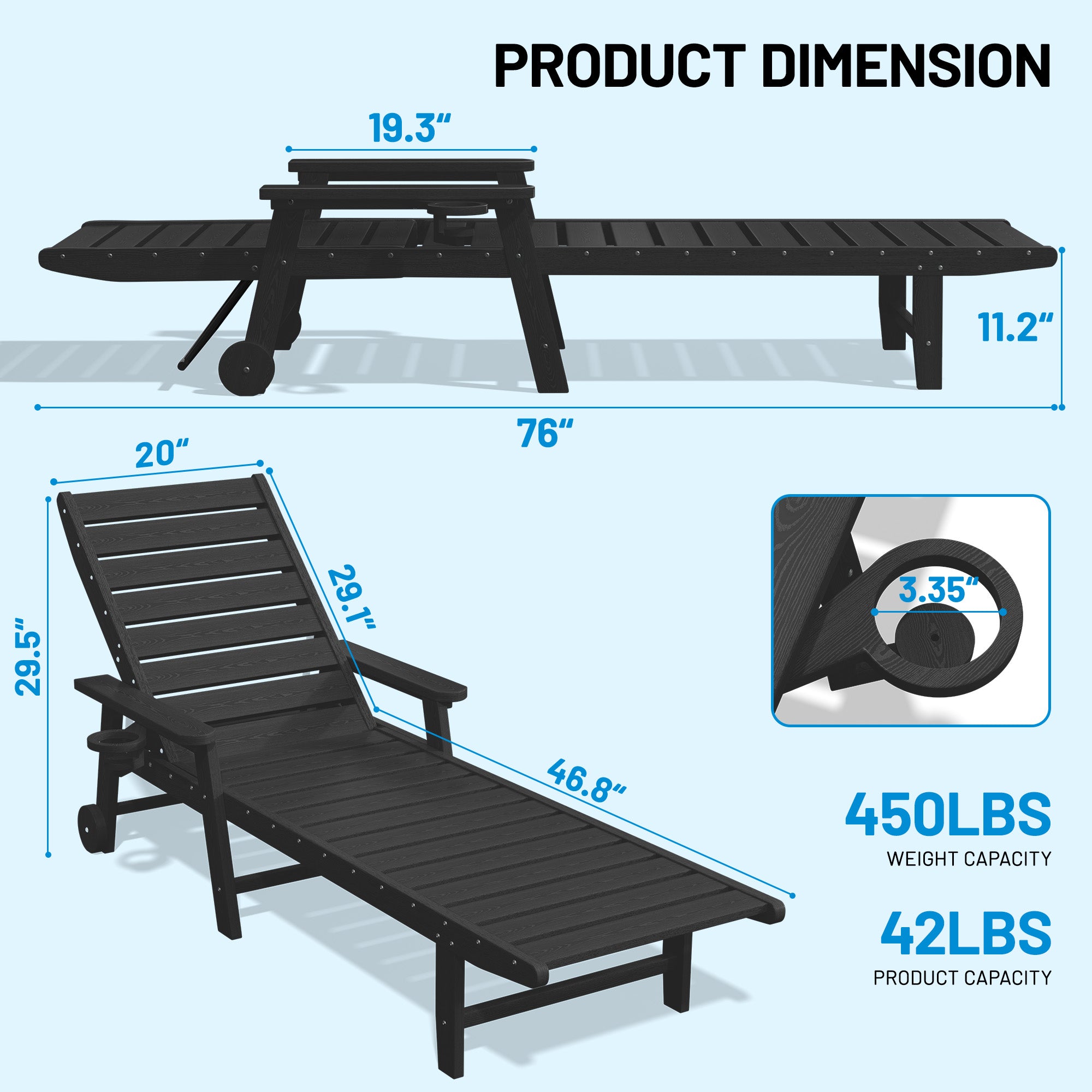 Easthome Adjustable Patio Chaise Lounge, Waterproof & Lightweight Outdoor Recliner for Poolside, Deck, Garden and Backyard