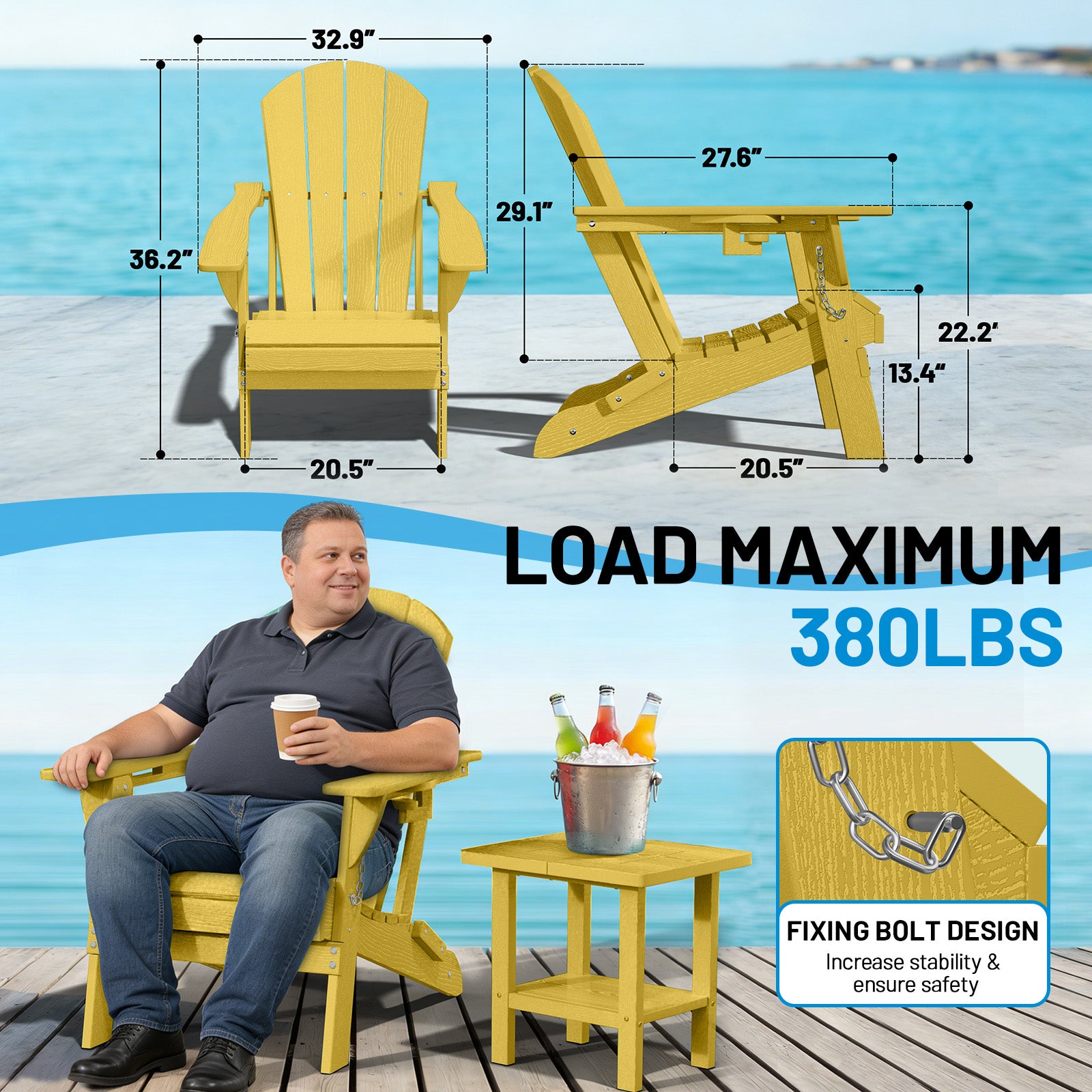 Easthome Adirondack Chair, HDPE All-Weather Outdoor Patio Lounge Chair with Cup Holder & 380lb Capacity for Deck, Garden, Poolside, Backyard