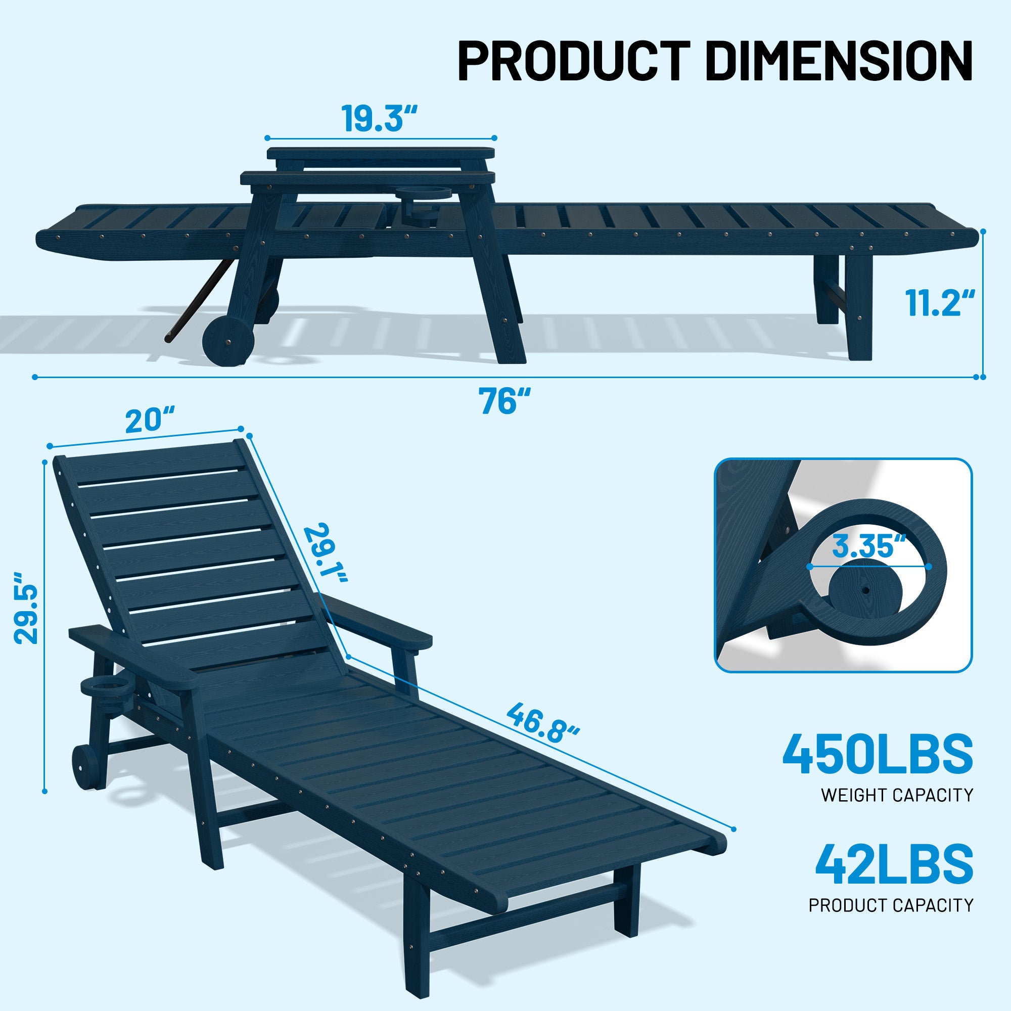 Easthome Adjustable Patio Chaise Lounge, Waterproof & Lightweight Outdoor Recliner for Poolside, Deck, Garden and Backyard