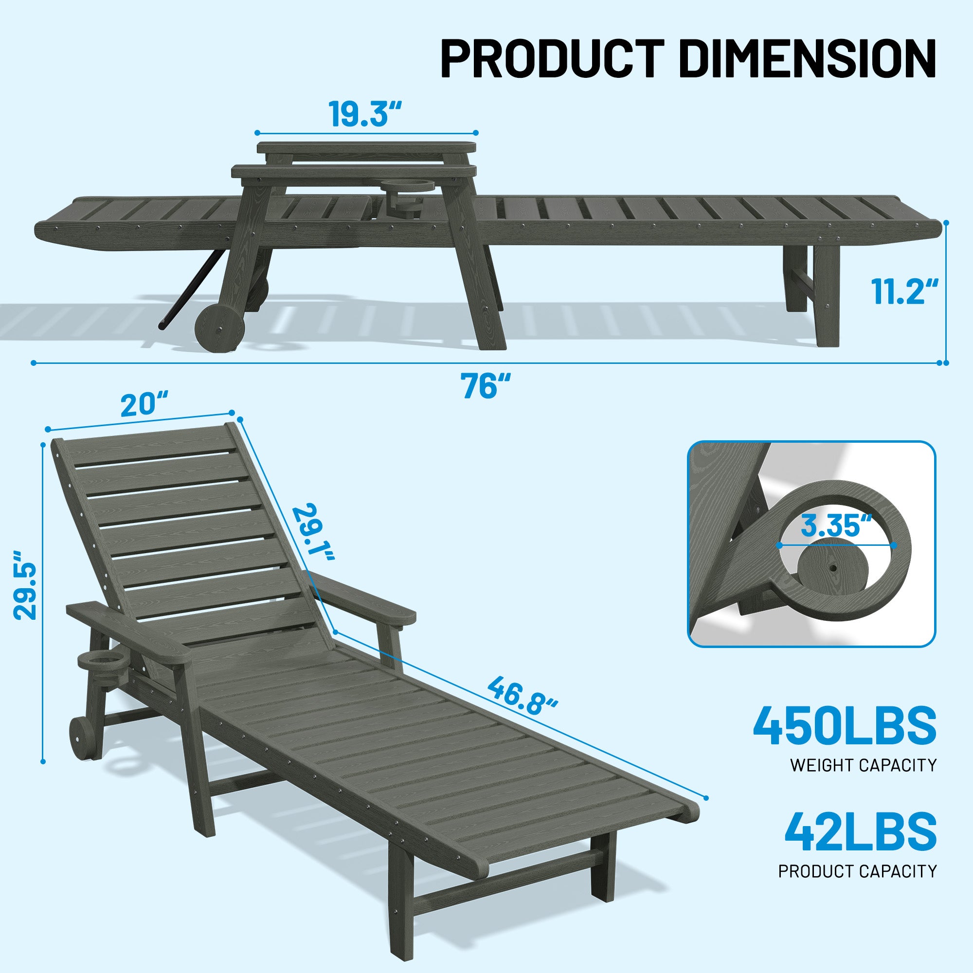 Easthome Adjustable Patio Chaise Lounge, Waterproof & Lightweight Outdoor Recliner for Poolside, Deck, Garden and Backyard