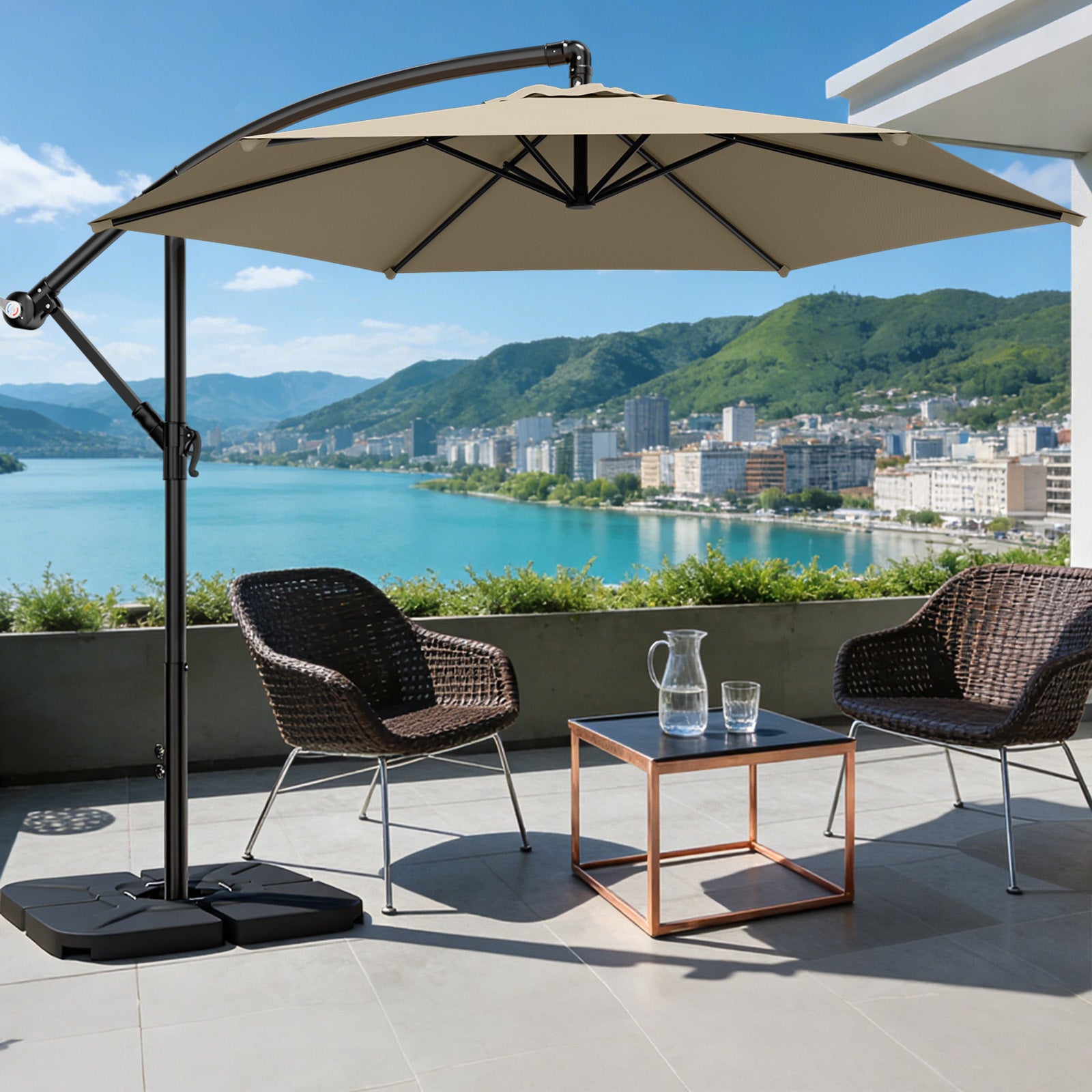 Easthome 10ft Offset Hanging Market Patio Umbrella for Backyard, Poolside, Lawn and Garden w/Easy Tilt Adjustment, Polyester Shade, 6 Ribs