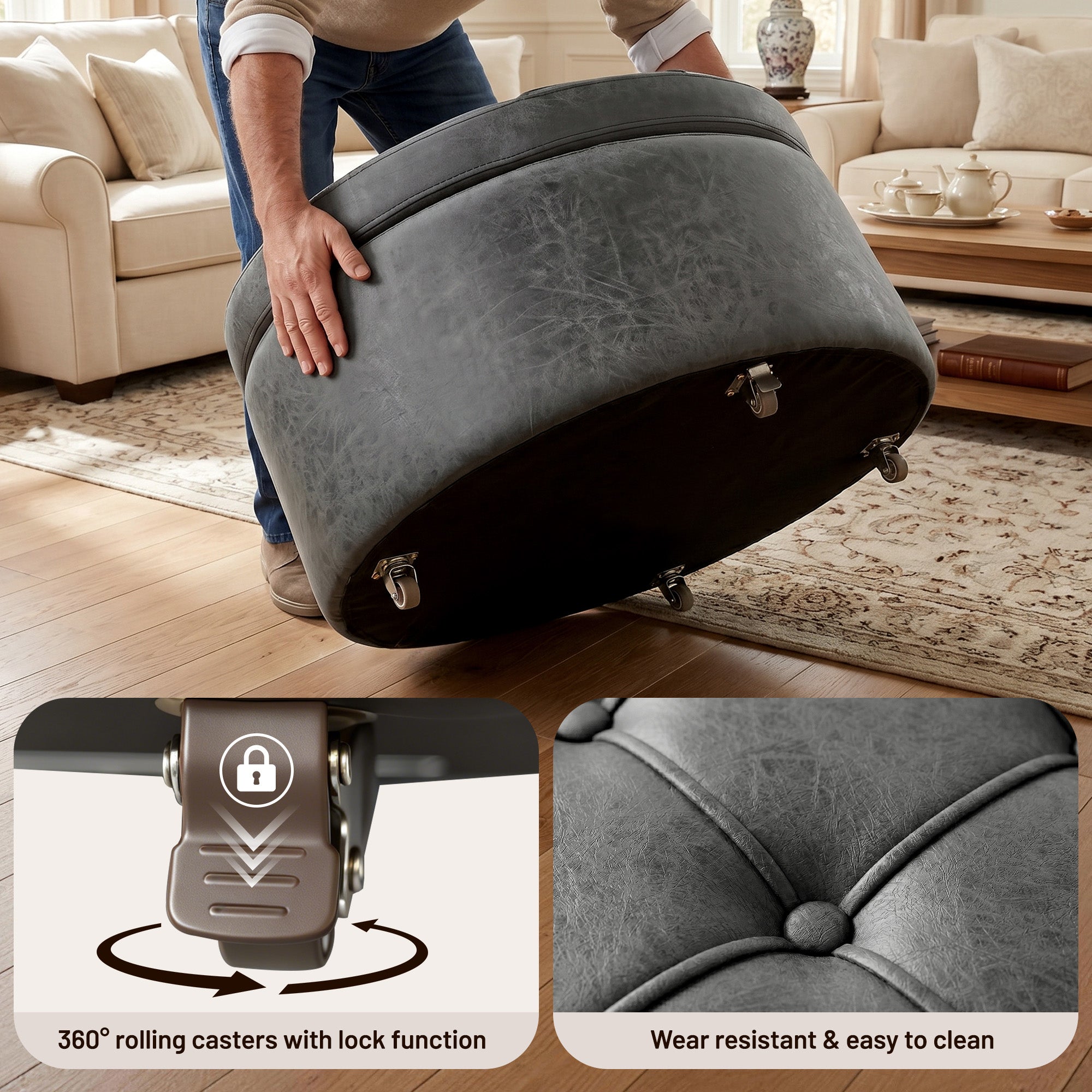 Easthome Multi-Function Round Storage Ottoman with Lockable Casters, Detachable Wood Tray Top, Button Tufted Foot Stool for Living Room Bedroom Study