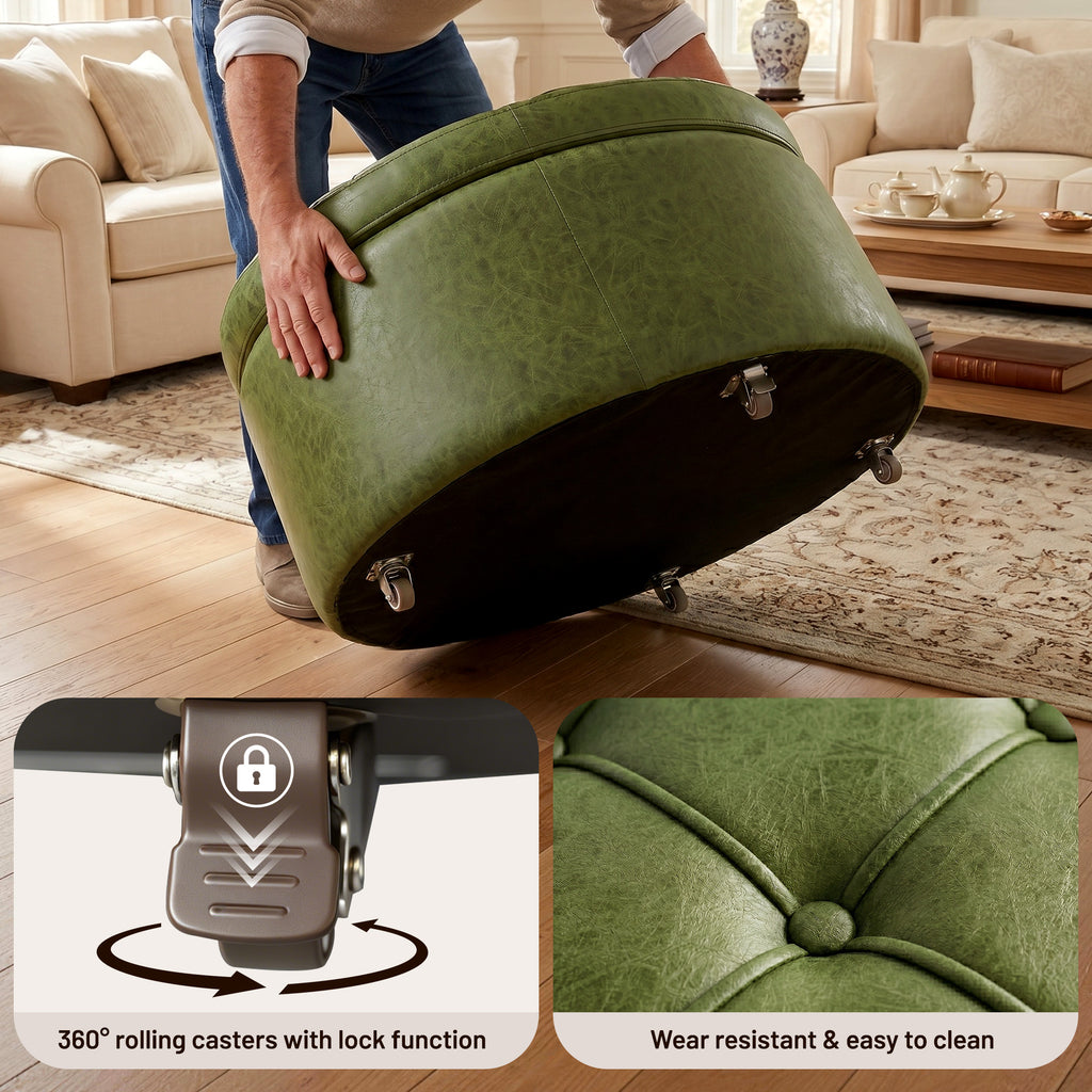 Easthome Multi-Function Round Storage Ottoman with Lockable Casters, Detachable Wood Tray Top, Button Tufted Foot Stool for Living Room Bedroom Study