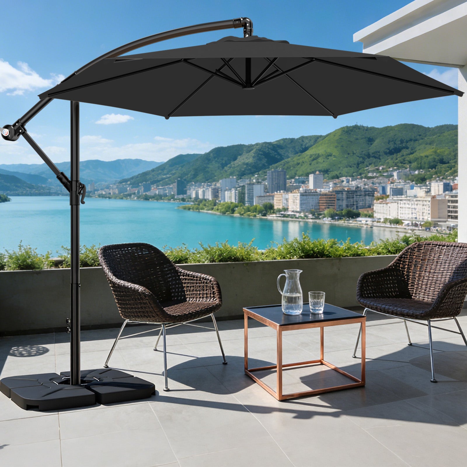 Easthome 10ft Offset Hanging Market Patio Umbrella for Backyard, Poolside, Lawn and Garden w/Easy Tilt Adjustment, Polyester Shade, 6 Ribs