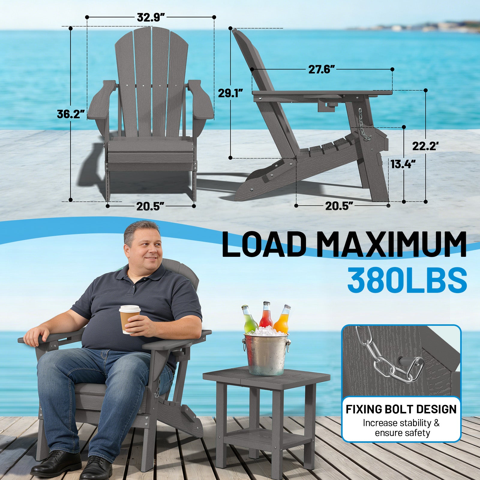 Easthome Adirondack Chair, HDPE All-Weather Outdoor Patio Lounge Chair with Cup Holder & 380lb Capacity for Deck, Garden, Poolside, Backyard