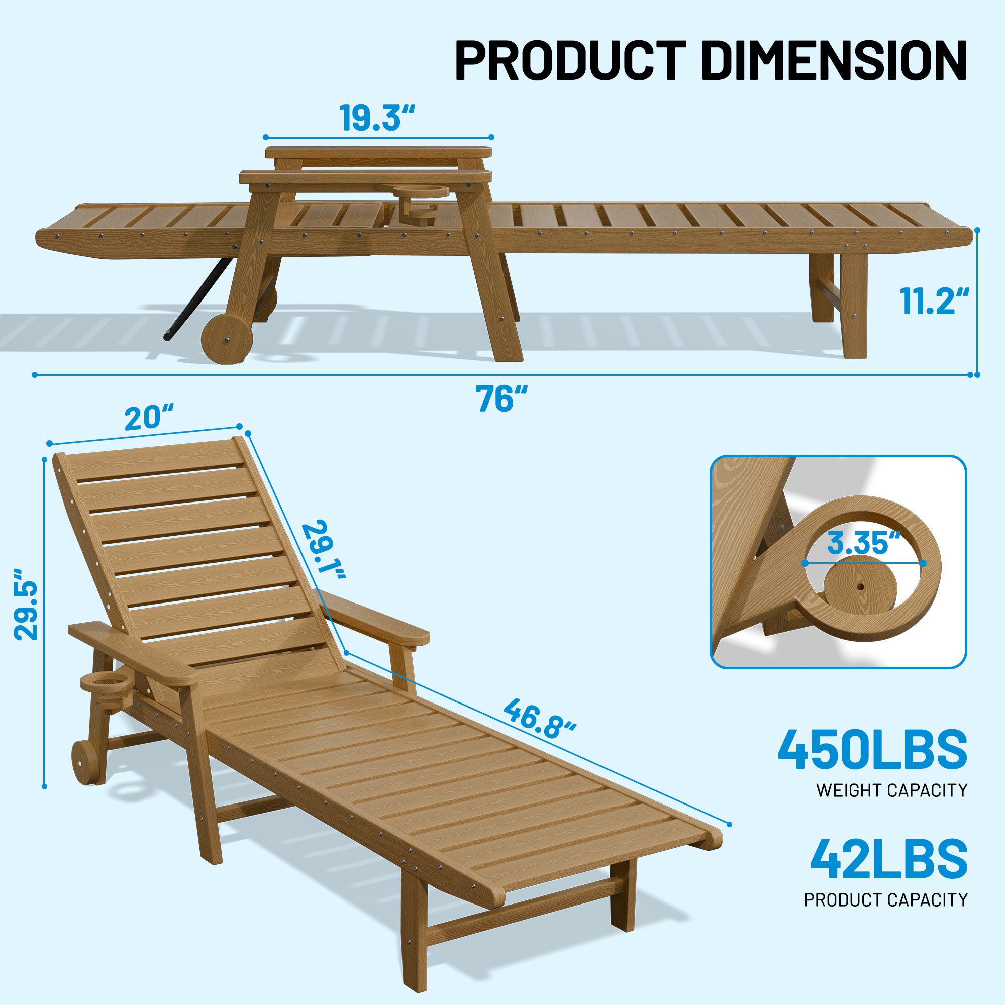 Easthome Adjustable Patio Chaise Lounge, Waterproof & Lightweight Outdoor Recliner for Poolside, Deck, Garden and Backyard