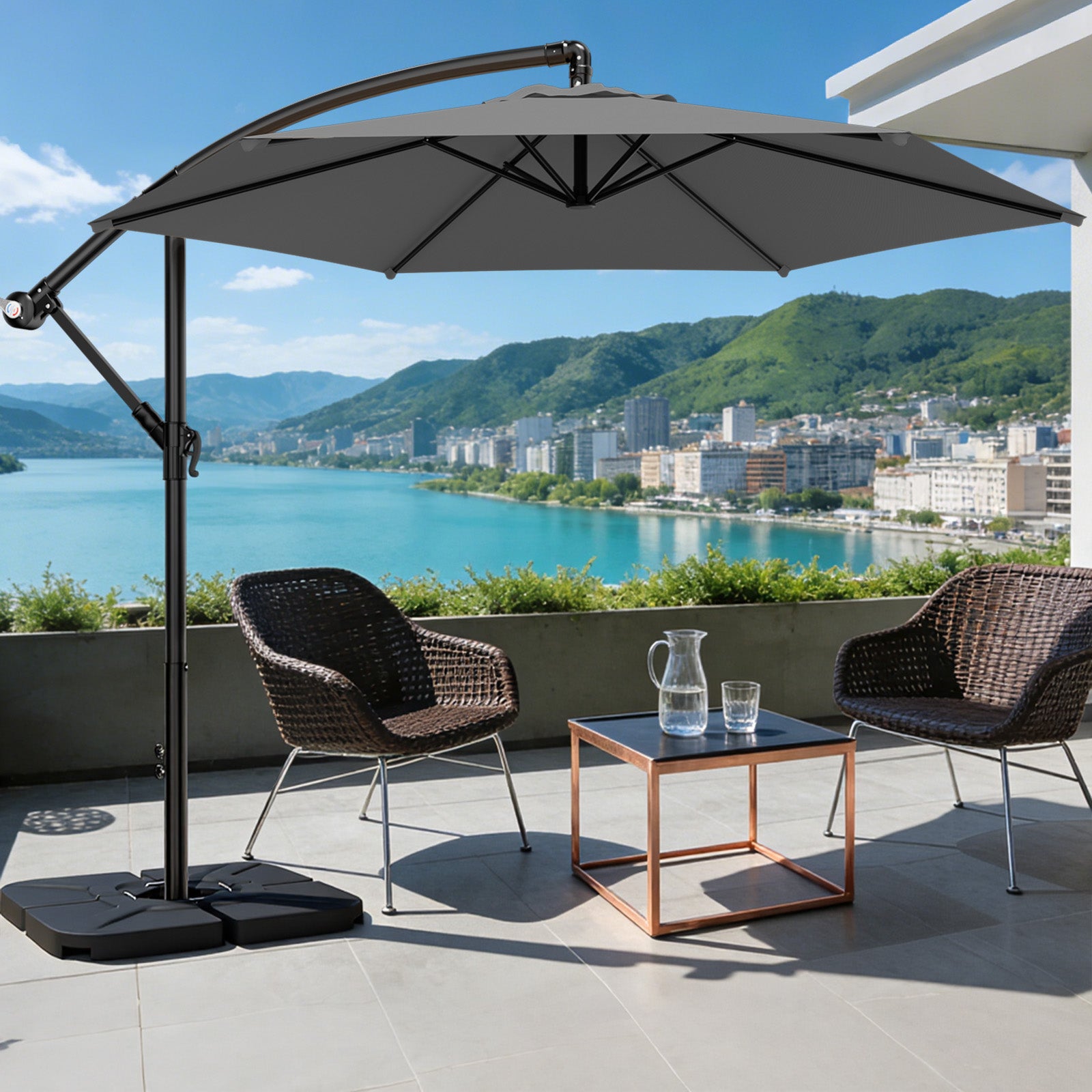 Easthome 10ft Offset Hanging Market Patio Umbrella for Backyard, Poolside, Lawn and Garden w/Easy Tilt Adjustment, Polyester Shade, 6 Ribs