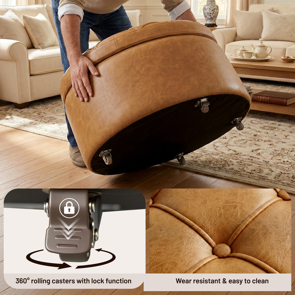 Easthome Multi-Function Round Storage Ottoman with Lockable Casters, Detachable Wood Tray Top, Button Tufted Foot Stool for Living Room Bedroom Study