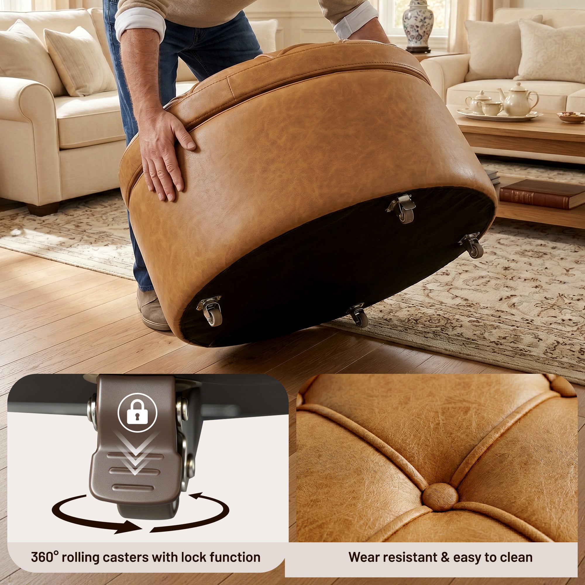 Easthome Multi-Function Round Storage Ottoman with Lockable Casters, Detachable Wood Tray Top, Button Tufted Foot Stool for Living Room Bedroom Study