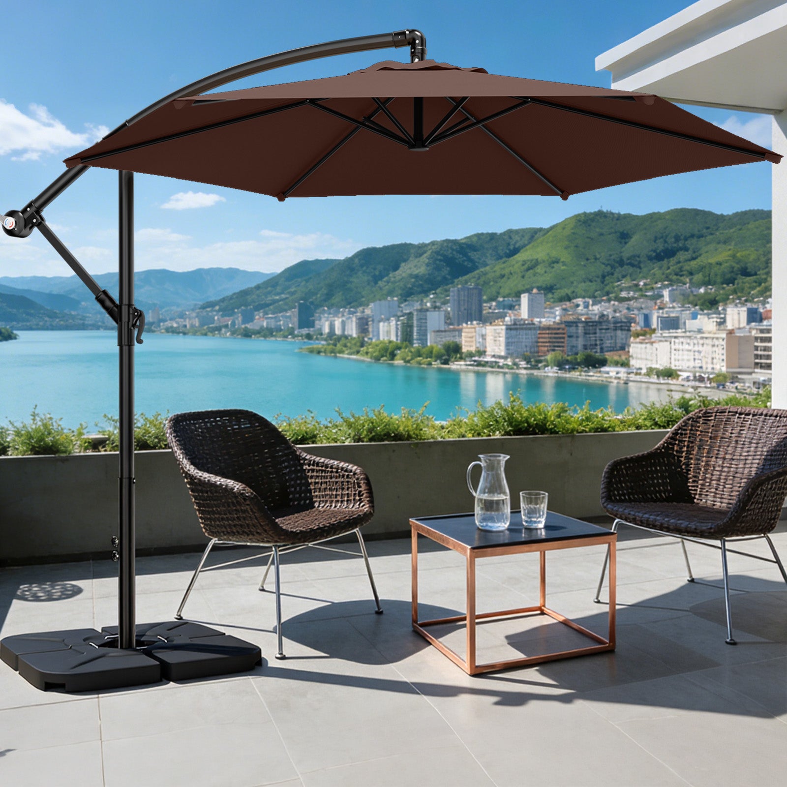 Easthome 10ft Offset Hanging Market Patio Umbrella for Backyard, Poolside, Lawn and Garden w/Easy Tilt Adjustment, Polyester Shade, 6 Ribs