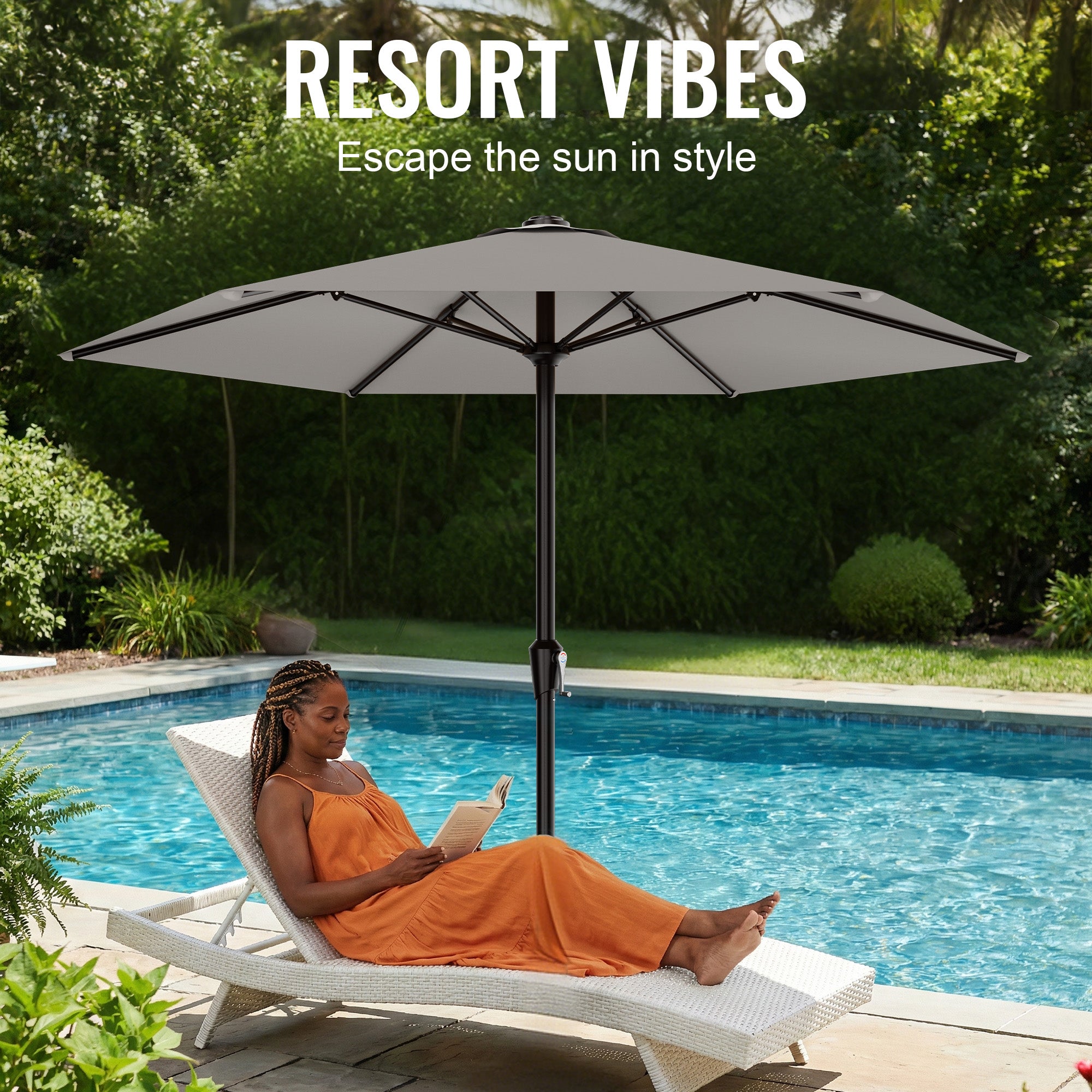 Easthome 9ft Patio Umbrella with Crank Lift System & 6 Sturdy Ribs Waterproof, Patio Table Umbrella Perfect for Poolside, Terrace, Beach and Outdoor Restaurant