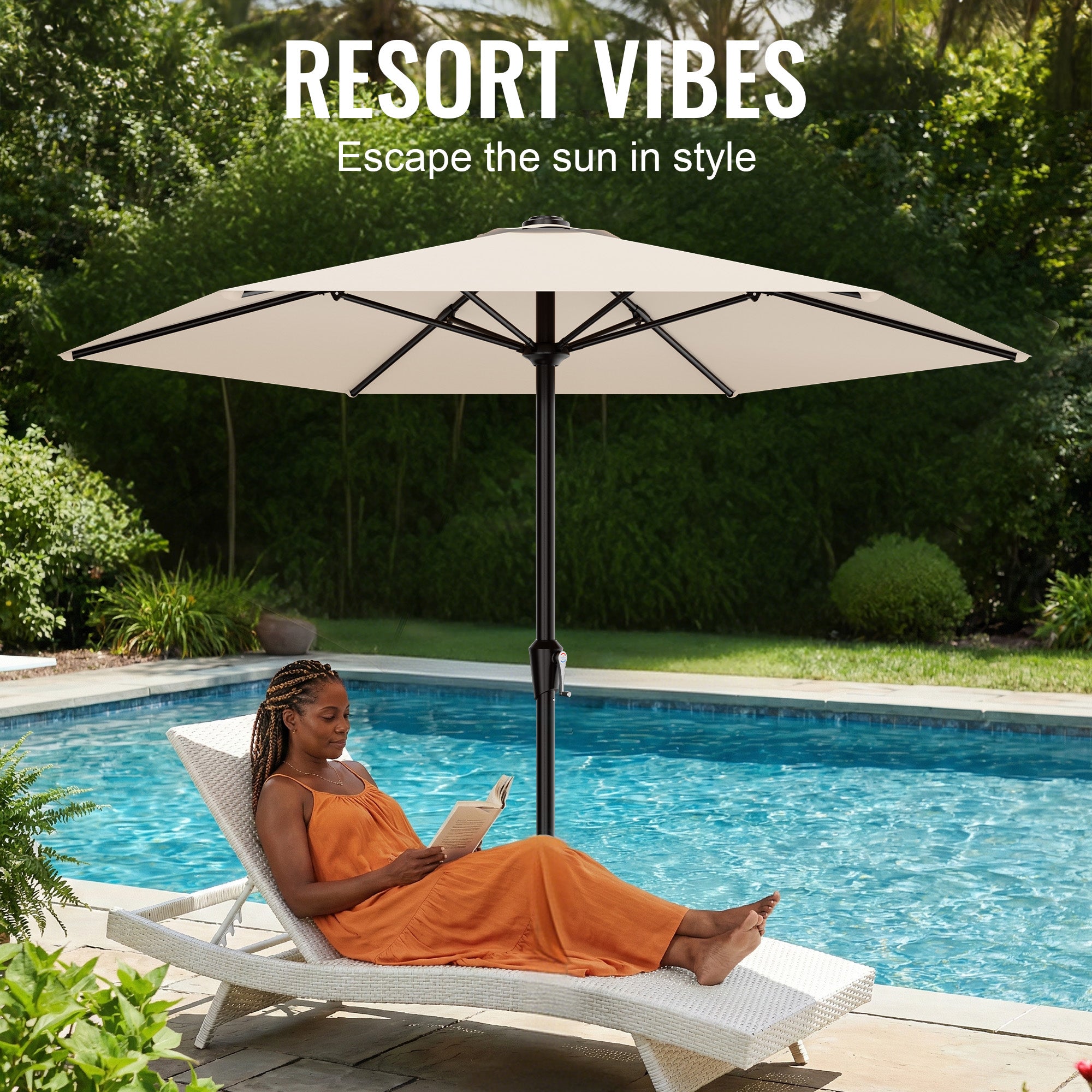 Easthome 9ft Patio Umbrella with Crank Lift System & 6 Sturdy Ribs Waterproof, Patio Table Umbrella Perfect for Poolside, Terrace, Beach and Outdoor Restaurant