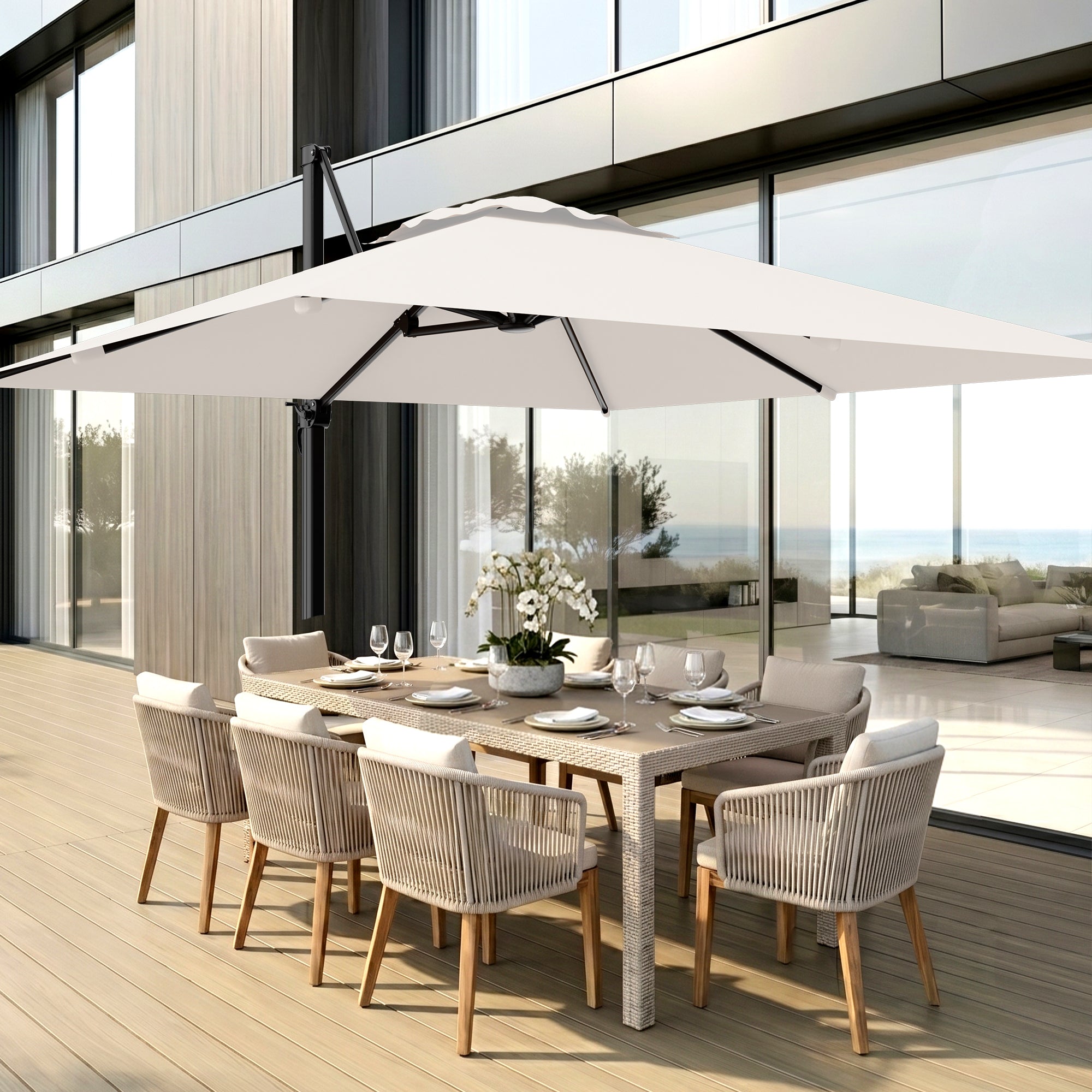 Easthome 10 × 10FT Square Cantilever Patio Umbrella, 360° Rotating Offset Umbrella with Crank, 8 ribs, Outdoor Hanging Roman Umbrella for Garden Deck Backyard