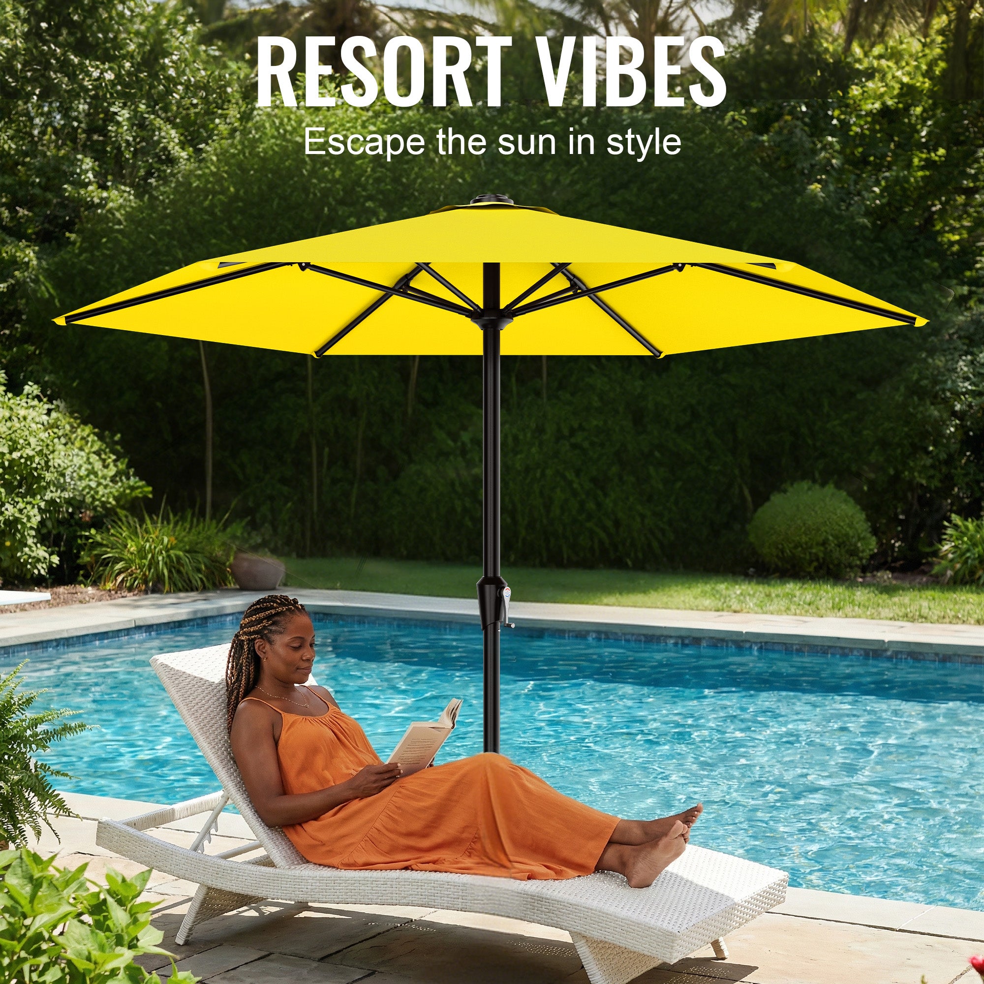 Easthome 9ft Patio Umbrella with Crank Lift System & 6 Sturdy Ribs Waterproof, Patio Table Umbrella Perfect for Poolside, Terrace, Beach and Outdoor Restaurant