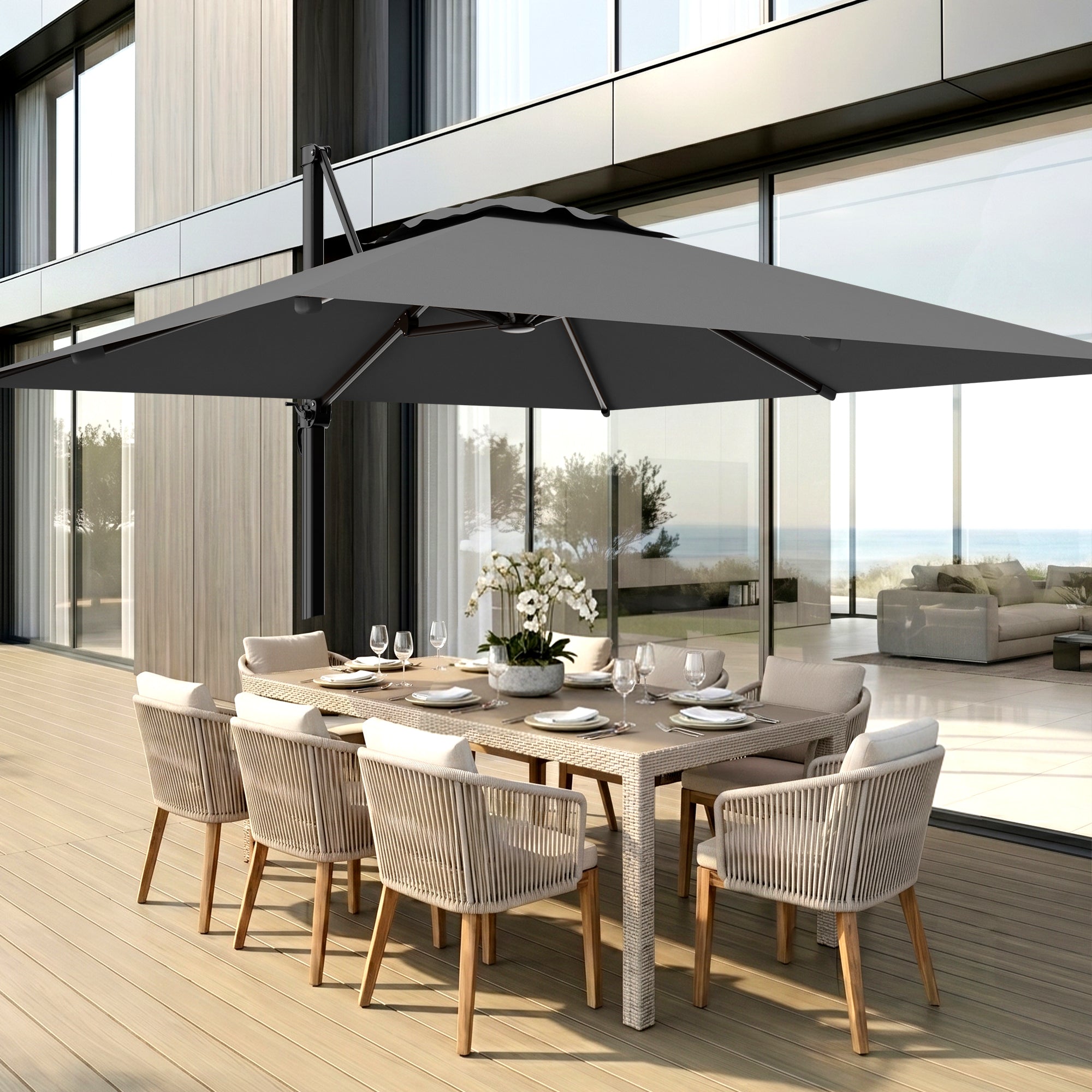 Easthome 10 × 10FT Square Cantilever Patio Umbrella, 360° Rotating Offset Umbrella with Crank, 8 ribs, Outdoor Hanging Roman Umbrella for Garden Deck Backyard
