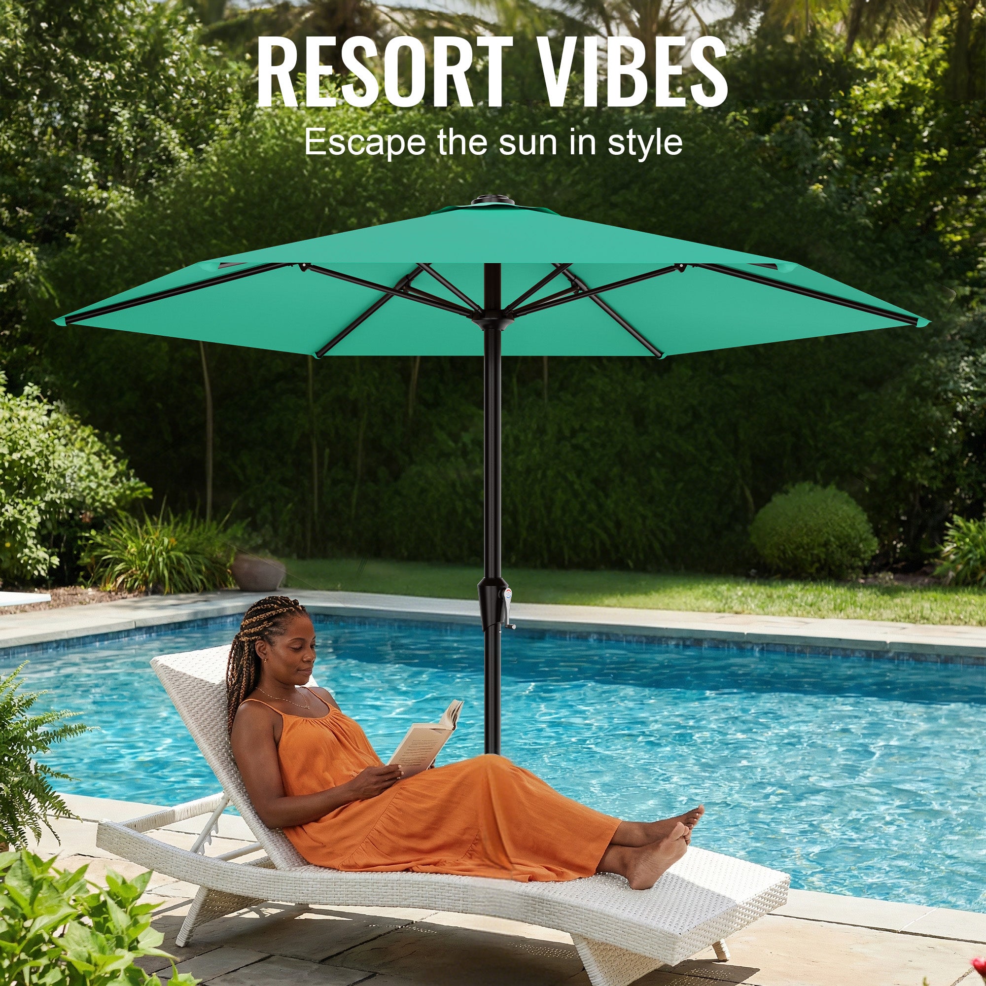 Easthome 9ft Patio Umbrella with Crank Lift System & 6 Sturdy Ribs Waterproof, Patio Table Umbrella Perfect for Poolside, Terrace, Beach and Outdoor Restaurant