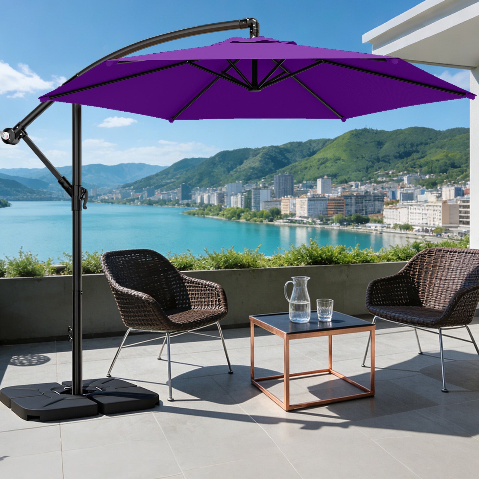 Easthome 10ft Offset Hanging Market Patio Umbrella for Backyard, Poolside, Lawn and Garden w/Easy Tilt Adjustment, Polyester Shade, 6 Ribs