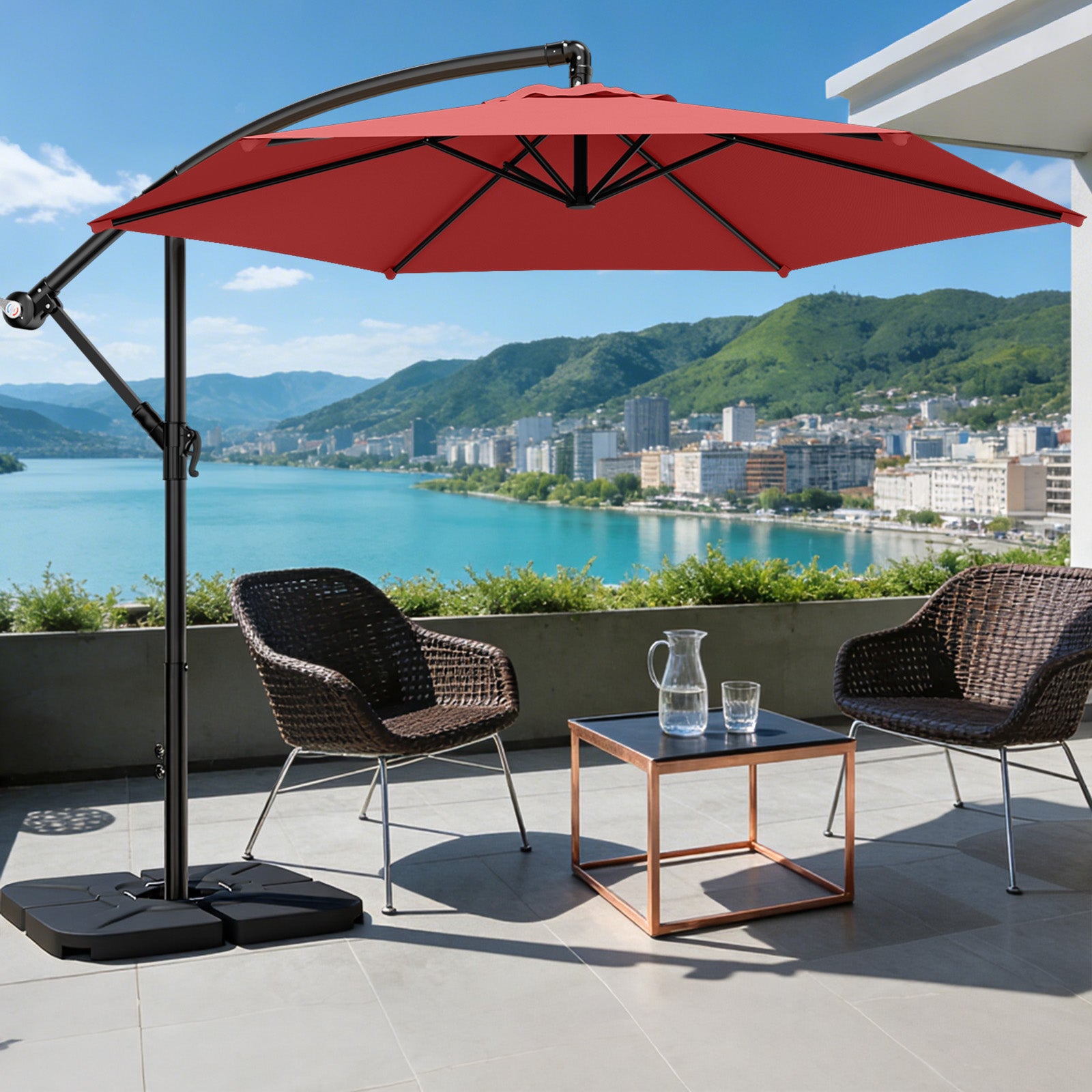 Easthome 10ft Offset Hanging Market Patio Umbrella for Backyard, Poolside, Lawn and Garden w/Easy Tilt Adjustment, Polyester Shade, 6 Ribs