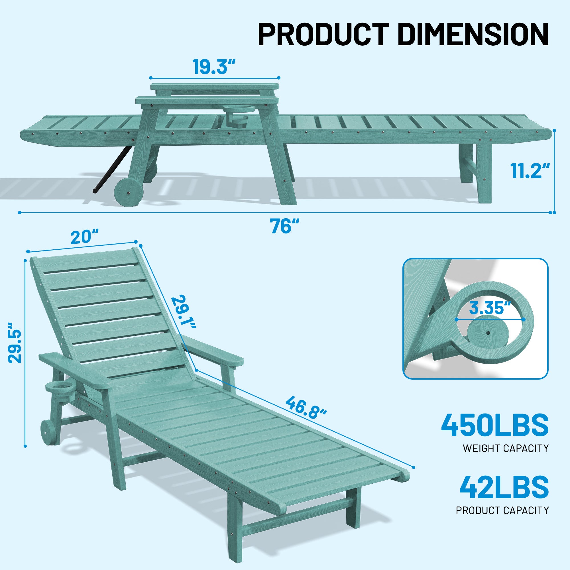 Easthome Adjustable Patio Chaise Lounge, Waterproof & Lightweight Outdoor Recliner for Poolside, Deck, Garden and Backyard