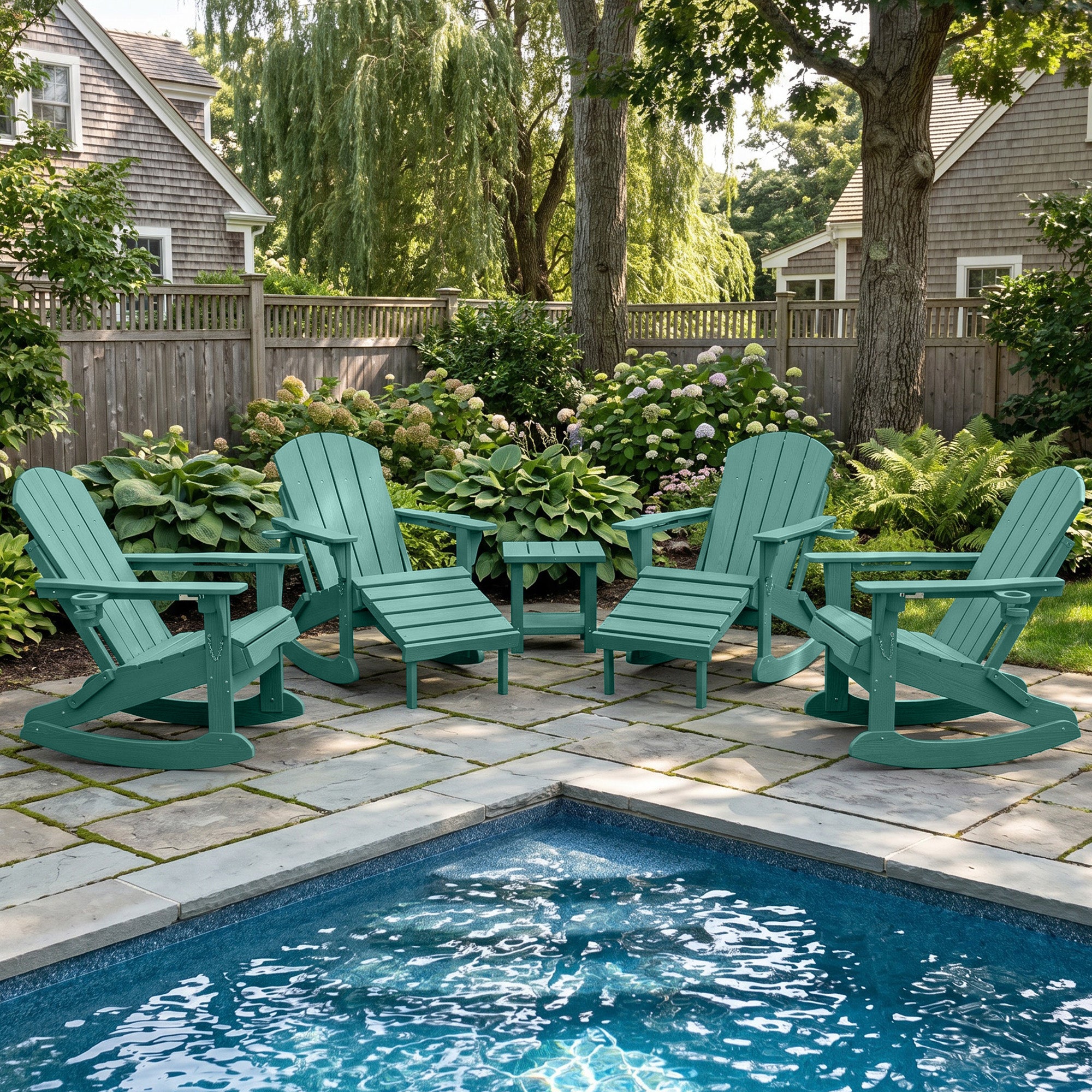 Easthome 4-in-1 Folding Adirondack Rocking Chair with Ottoman & Dual Cup Holders, Wood Texture HDPE All-Weather Outdoor Lounge Chair for Patio, Backyard, Pool