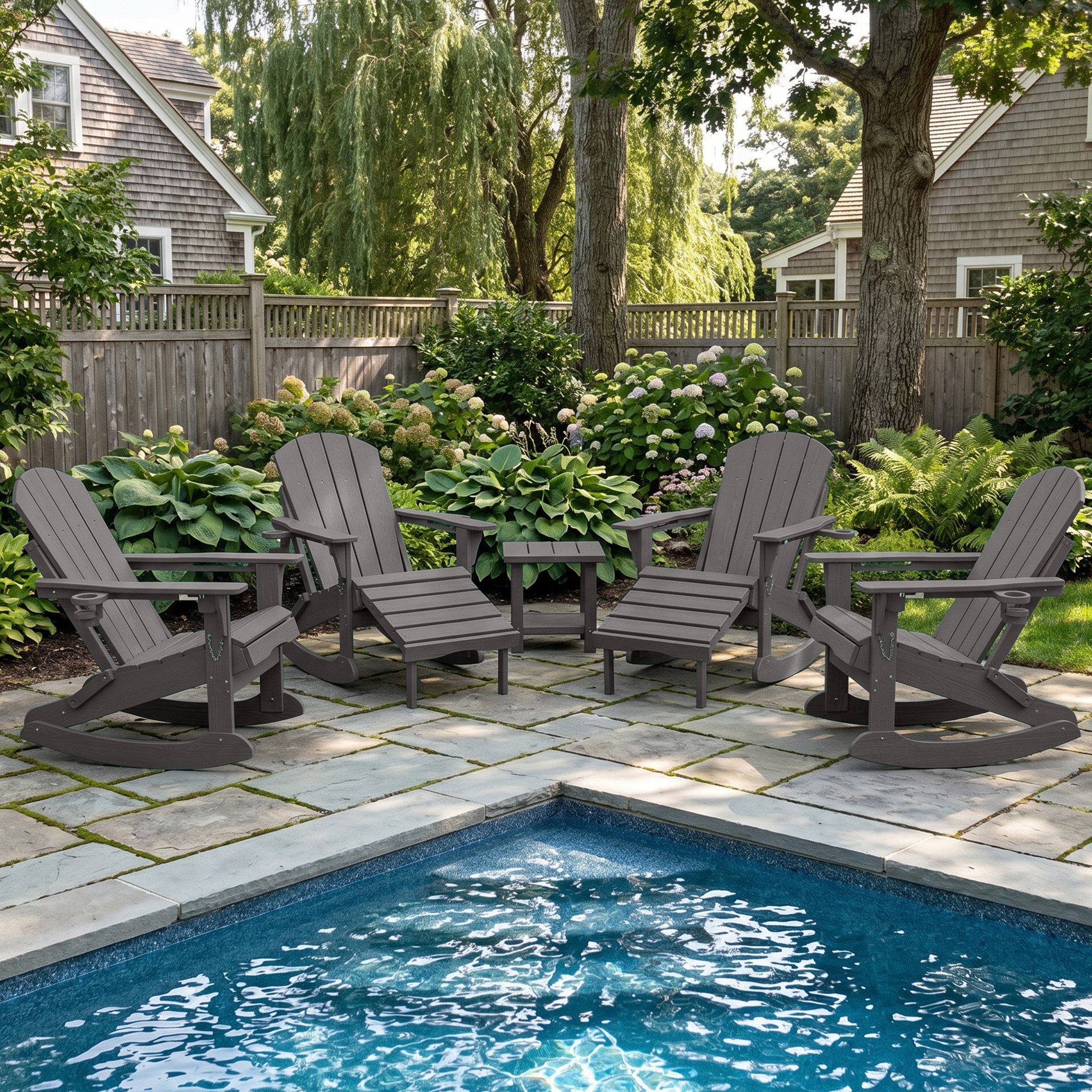 Easthome 4-in-1 Folding Adirondack Rocking Chair with Ottoman & Dual Cup Holders, Wood Texture HDPE All-Weather Outdoor Lounge Chair for Patio, Backyard, Pool