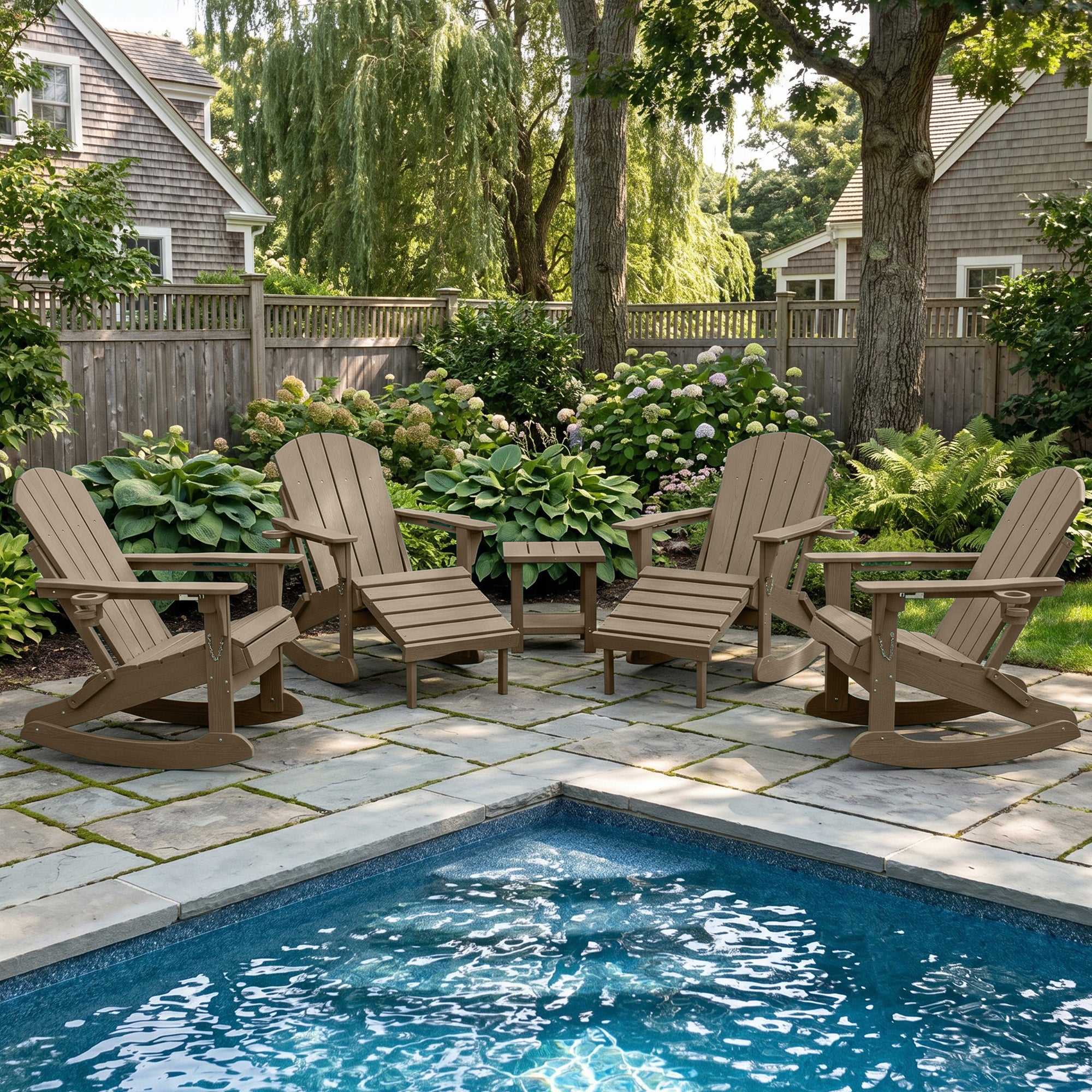 Easthome 4-in-1 Folding Adirondack Rocking Chair with Ottoman & Dual Cup Holders, Wood Texture HDPE All-Weather Outdoor Lounge Chair for Patio, Backyard, Pool