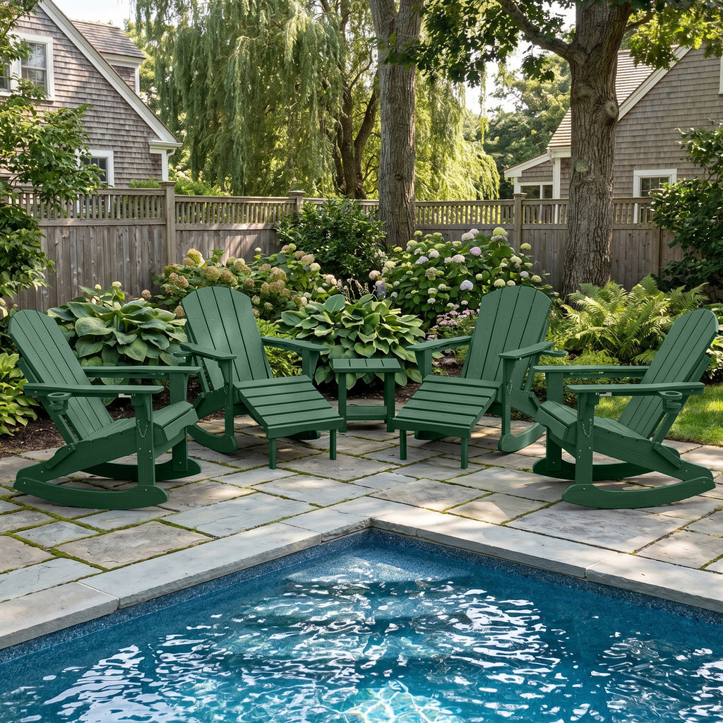 Easthome 4-in-1 Folding Adirondack Rocking Chair with Ottoman & Dual Cup Holders, Wood Texture HDPE All-Weather Outdoor Lounge Chair for Patio, Backyard, Pool